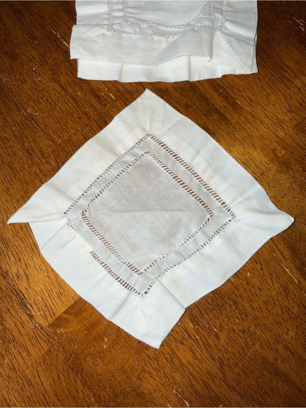 4 Vintage French Cotton Linen Hand Crocheted Napkins with Ruffle Edge